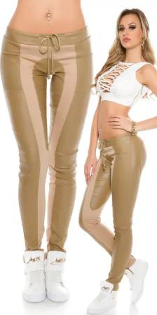 Knallenge Jogger Leggings aus Baumwoll-Stretch mit Kunstleder-Oberfläche in Röhrenform, matten Stretch-Partien und Tunnelzug