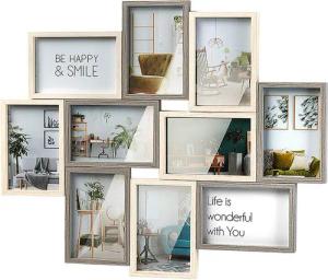 Kobolo Bilderrahmen Collage Bilderhalter Fotorahmen aus Holz GRAY 10x15 cm, für 10 Bilder (in Grau- und Beigetönen)