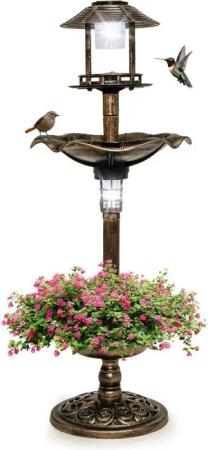 KOMFOTTEU Vogeltränke Vogelbad Vogelfutterhaus, mit Blumentopf & Solar Leuchten
