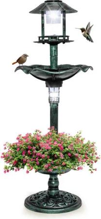 KOMFOTTEU Vogeltränke Vogelbad Vogelfutterhaus, mit Blumentopf & Solar Leuchten