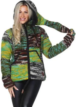KUNST UND MAGIE Strickjacke Damen Strickjacke Wolle Bunte Patchwork Jacke Zipfelkapuze Hochkragen