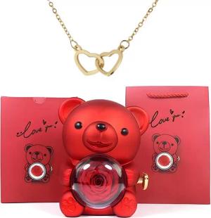 Kunstblume Ewige Rose Valentinstagsgeschenk, Rosenbär, Halskette mit Verpackung, NEXORA, Umfangreiches Geschenkset mit einer Halskette & ewigen Rose