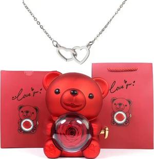 Kunstblume Ewige Rose Valentinstagsgeschenk, Rosenbär, Halskette mit Verpackung, NEXORA, Umfangreiches Geschenkset mit einer Halskette & ewigen Rose