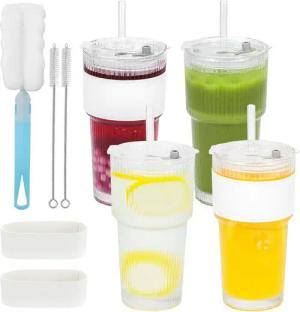 LA CUTE Cocktailglas Feelhap 4er Gläser-Set 600 ml mit Strohhalm & Deckel, wiederverwendbar, Bruchsicher, BPA-frei, wiederverwendbar, inkl. Reinigungszubehör