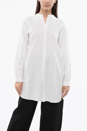 Lange Bluse aus Leinenmischung mit Mandarinkragen in Weiß