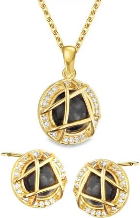 Limana Schmuckset 925 Silber Larvikit Edelstein gold Halskette Kette Ohrringe Anhänger (inkl. Schmuckbox), Geschenkset Idee Geschenk Set für Sie Frauen Damen Freundin Mutter