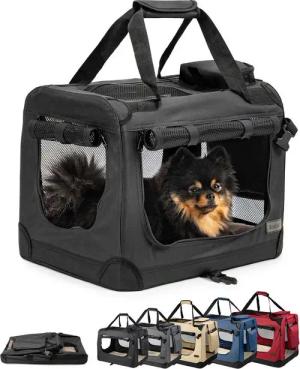 lionto Tiertransportbox stabil aus Textil, für Hunde und Katzen bis 10 kg, 50x36x34 cm, schwarz