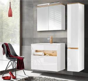 Lomadox Badmöbel-Set BERMUDA-56, (Spar-Set, 5-St), Weiß-Hochglanz mit Wotaneiche 135/200/45cm