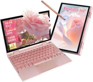 LONGEVINCE Rosa 2-in-1 Laptop mit 360°-Flip-Bildschirm, 16GB DDR5 Notebook (27,81 cm/10.95 Zoll, Intel Celeron N95, 238 GB SSD, Rosa Ultrabook, Mini-Laptop, 2K-Touchdisplay)