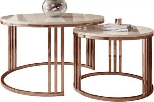 Lookway Couchtisch LORI 2in1 Couchtisch-Set in Hochglanz mit Kupfergestell (2er Set), Durchmesser: ⌀70 cm und ⌀50 cm