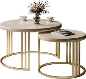 Lookway Couchtisch LORI 2in1 in HOCHGLANZ auf einem gebürsteten goldfarbenen Gestell (2er Set), Durchmesser: ⌀70 cm und ⌀50 cm