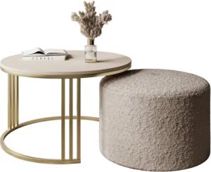 Lookway Couchtisch LORI MATT mit Hocker auf einem gebürsteten goldenen Gestell (1 Tisch mit Hocker), Durchmesser: ⌀70 cm