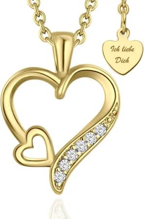 LOVENEST Herzkette Halskette Damen Silber 925 / Gold vergoldet mit Herz-Anhänger Zirkonia (Silberkette Anhänger Geschenke für Frauen Valentinstag Frau Freundin, Geschenkset Damenkette Weihnachten Set), Schmuck "Ich liebe Dich" zum Hochzeitstag, Geburtstag