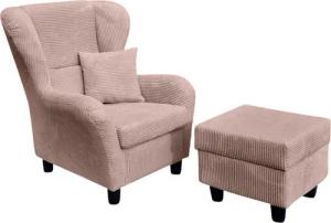 luma-home Ohrensessel 18021 (mit Hocker und Zierkissen, Wellenunterfederung, B90/H98/T76 cm), Lesesessel mit Echtholzfüßen, Bezug Cordstoff in Rosa