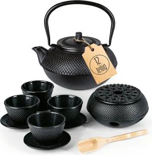 Lumaland Teeservice Set 12-teilig, 1,4 Liter Gusseiserne Teekanne Tetsubin (12-tlg), Bambus/Gusseisen/Edelstahl, Stövchen aus Gusseisen, 4 Teebecher & 4 Untersetzer uvm.