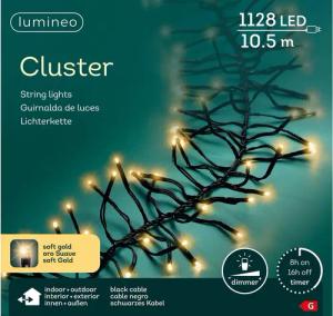 Lumineo LED-Lichterkette Lumineo Lichterkette CLUSTER 1128 LED 10,5m Soft Gold, schwarzes Kabel, Indoor/Outdoor, dimmbar, 8h-Timer, + 5 m Zuleitung