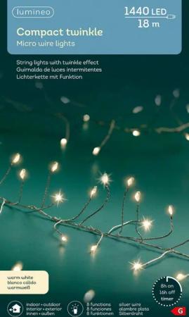 Lumineo LED-Lichterkette Lumineo Micro-LED COMPACT TWINKLE 1440 LED 18 m warm weiß, Silberdraht, Indoor/Outdoor, 8 Funktionen, 8h-Timer, + 5 Meter