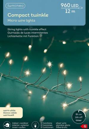 Lumineo LED-Lichterkette Lumineo Micro-LED COMPACT TWINKLE 960 LED 12 m warm weiß, Silberdraht, Indoor/Outdoor, 8 Funktionen, 8h-Timer, + 5 Meter