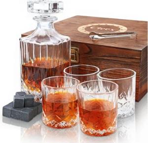 LuxusKollektion Dekanter Whiskey Karaffe Set 750ml mit 4 Whiskeygläsern 12 Steine in Holzkiste