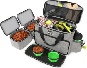 LuxusKollektion Hunde-Halsband Hundereisetasche Groß mit Hundenäpfen und Aufbewahrungstaschen Grau