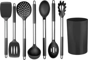LuxusKollektion Kochbesteckhalter Küchenhelfer Set 8-teilig Silikon Utensilien Edelstahlgriff Antihaft