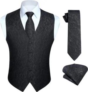 LuxusKollektion Krawatte Weste Herren Hochzeit Jacquard Krawatte Einstecktuch Set L Schwarz-N