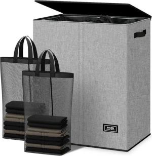 LuxusKollektion Wäschesortierer Wäschekorb Wäschesammler 2 Fächer Deckel 2 Wäschesäcke 145 Liter Grau