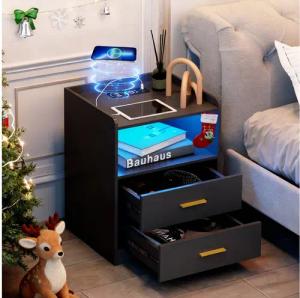 LVSOMT Nachttisch Moderne LED Nachttisch mit Ladestation und 2 Schubladen (1-St), mit MDF-Platte & Metallgriff, 45×40×58cm