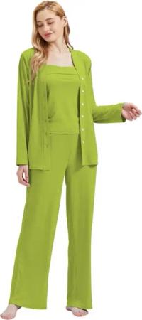 M-Diamant Schlafanzug Damen Pyjama-Set Damenwäsche V-Ausschnitt 3 teilig (Set, 3 tlg) 3-teiliges Set: Jacke mit V-Ausschnitt und Knöpfen, Trägertop und Hose
