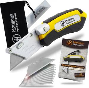 Mansons Cuttermesser Profi Cuttermesser klappbar, (Klappmesser mit Gürtelclip, Faltbares Teppichmesser Metall extra Scharf mit 13 Ersatzklingen), Universalmesser für Teppich, Tapeten und Karton