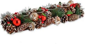 matches21 HOME & HOBBY Adventskranz Holz-Deko Adventsgesteck 40 cm Teelicht-Halter braun rot, Weihnachtsdeko Teelichthalter als längliche Tisch Kerzen-Deko