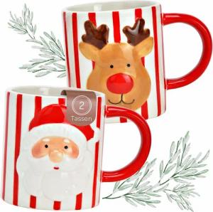matches21 HOME & HOBBY Tasse Kaffeetassen 2er Set mit Nikolaus, Elch & Streifen rot-weiß, 2-tlg., Keramik, Weihnachts-Tassen aus Keramik 350 ml