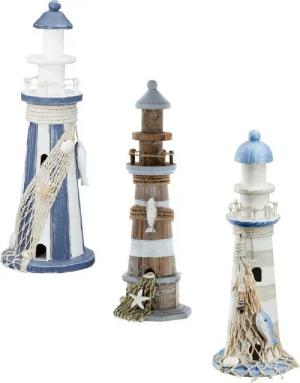 Meinposten Dekoobjekt Leuchtturm Holz blau weiß Deko m. Muscheln & Netz Dekoration Strand Meer Maritim (1 St)