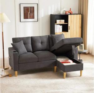 Merax 3-Sitzer Ecksofa Eckcouch in L-Form Eckgarnitur, L-förmiges Sofa aus Baumwoll- und Leinenstoff, 175*129*90cm 1 Teile, 3-Sitzer-Sofa mit integriertem Stauraum, Getränkehaltern und 2 Kissen