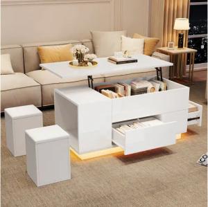 Merax Couchtisch 4-in-1 höhenverstellbar Sofatisch mit LED-Beleuchtung (1-St., mit App-gesteuertem Licht & Liftfunktion), Wohnzimmertisch mit verstecktem Stauraum & 2 Hocker, 100x50x45 cm