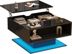 Merax Couchtisch hochglanz Sofatisch anhebbarer Beistelltisch mit LED-Beleuchtung (1-St., 80x77x40 cm), Wohnzimmertisch mit verstecktem Stauraum & halboffenem Regal