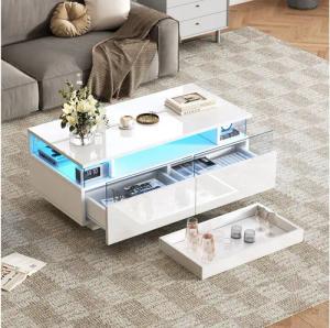 Merax Couchtisch hochglanz Sofatisch Beistelltisch mit LED-Beleuchtung (90x45x35.5cm, 1-St., Schubladen aus Acryl, Glas-Seitenteilen & App-gesteuertem Licht), Wohnzimmertisch mit Tablett, 2 Schubladen & 3 Ebenen Stauraum