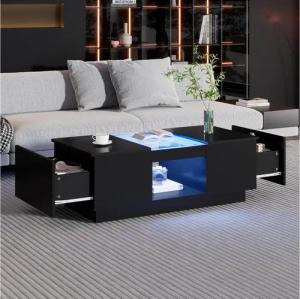 Merax Couchtisch mit LED-Beleuchtung und Glas-Tischplatte (100*50*35.5cm, 1-St), Sofatisch Beistelltisch Wohnzimmertisch mit Schubladen & offenes Fach