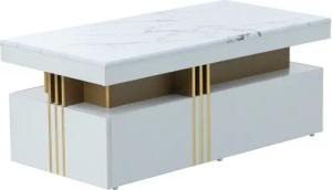 Merax Couchtisch mit Schubladen und Tischplatte in Marmoroptik, Beistelltisch aus Holz mit goldenen Dekor, Wohnzimmertisch Industrial