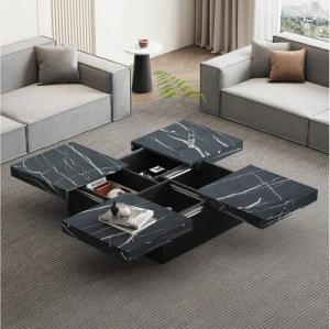Merax Couchtisch mit versteckten Stauraum und Marmor-Optik (1-St), Quadratischer Wohnzimmertisch Satztisch mit 4 Schubladen, 90x90x25cm