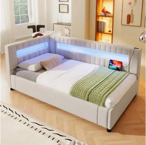 Merax Daybett 90x200cm mit hydraulischem Stauraum (Kinderbett Jugendbett Einzelbett, 1 tlg), Polsterbett Schlafsofa Tagesbett mit LED, USB und TYPE-C, Leinen