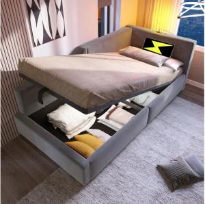 Merax Daybett mit hydraulischem Stauraum (Hydraulisches Schlafsofa Kinderbett Jugendbett Sofabett aus Samt, 1 tlg), Polsterbett Tagesbett 90x200cm mit USB-C Ladeanschluss & Leselampe