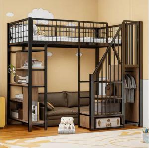 Merax Hochbett (Jugendbett Etagenbett Einzelbett, 1-St) Metallbett Kinderbett 90x200cm mit Stauraumtreppe,Ablageflächen & Zaun