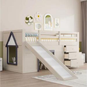 Merax Hochbett mit Rutsche und Stauraum (213 x 95 x 107cm, 1-St., Jugendbett Einzelbett Hausbett) Kieferholz Kinderbett 90x200cm mit Schubladen, Leiter und Lattenrost