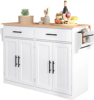 Merax Küchenwagen mit erweiterbarer Arbeitsplatte, (120x46(70)x91 cm, 4 Türen, 2 Schubladen und Handtuchhalter), Kücheninsel mit Rollen und Holzbeine, Servierwagen, Küchenschrank