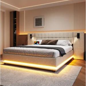 Merax Polsterbett (1-tlg), Doppelbett 180x200cm mit LED-Leiste USB-Anschluss Leselicht, Leinen