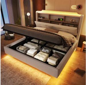 Merax Polsterbett 140×200cm mit LED-Lichtleiste und USB- & Typ-C-Anschlüssen (mti hochwertigem Leinenbezug, 1-tlg., Jugendbett Stauraumbett Mehrzweckbett mit schwebendem Design), Doppelbett mit hydraulischem Stauraum & klappbarem Kopfteilfach,Leinen