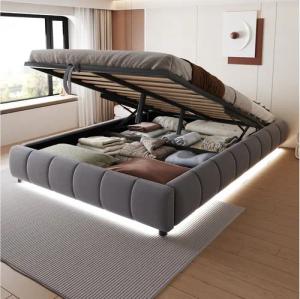 Merax Polsterbett (Doppelbett mit Metallrahmen und Samtstoff, 1-tlg), Hydraulisches Stauraumbett 140x200cm mit LED-Lichtleiste,ohne Kopfteil