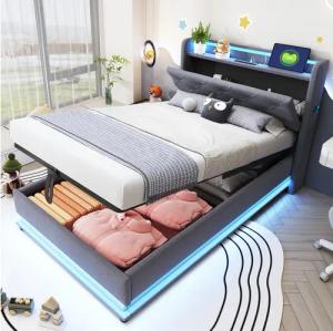 Merax Polsterbett mit LED-Beleuchtung, USB & Type-C Ladeanschlüssen (Leinenstoff, 1-tlg., Jugendbett Einzelbett Mehrzweckbett Stauraumbett mit Handytaschen), Kinderbett mit aufklappbarem Kopfteil,hydraulischem Stauraum & Ablagen
