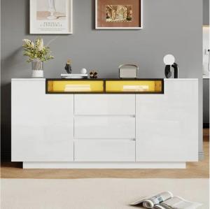 Merax Sideboard Hochglanz mit LED-Beleuchtung und verstellbaren Böden (Weiß + Schwarz, 1 St., 140×60×48 cm), Kommode mit 2 L-förmigen Türen, 3 Schubladen & halboffenen Ablagen